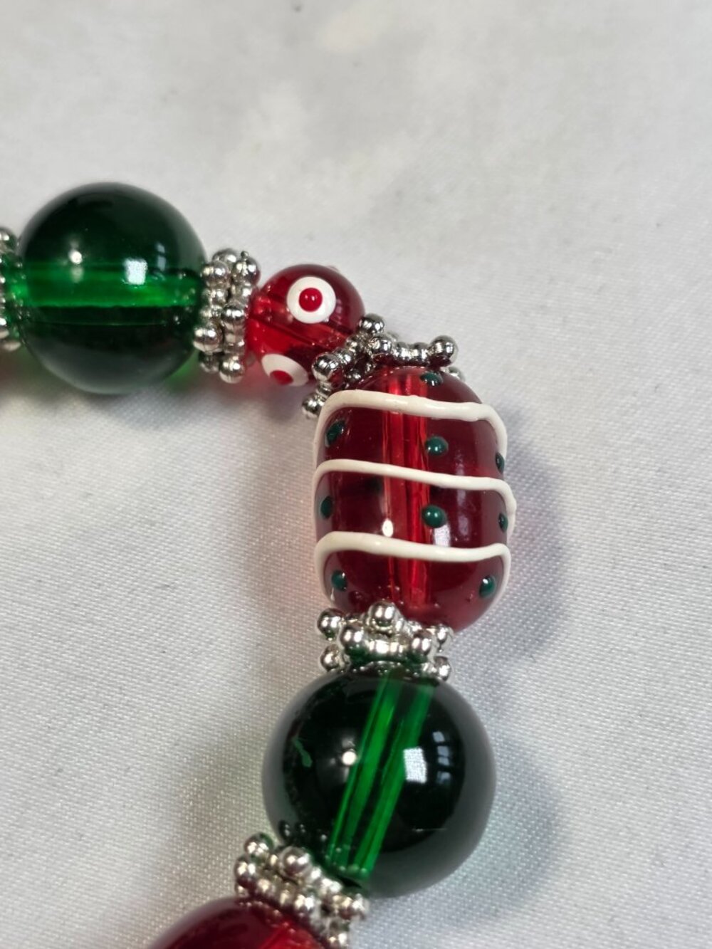 Christmas Holiday Glass Bead Stretch Bracelet Snowman Candy Cane Red Green - Picture 3 of 10